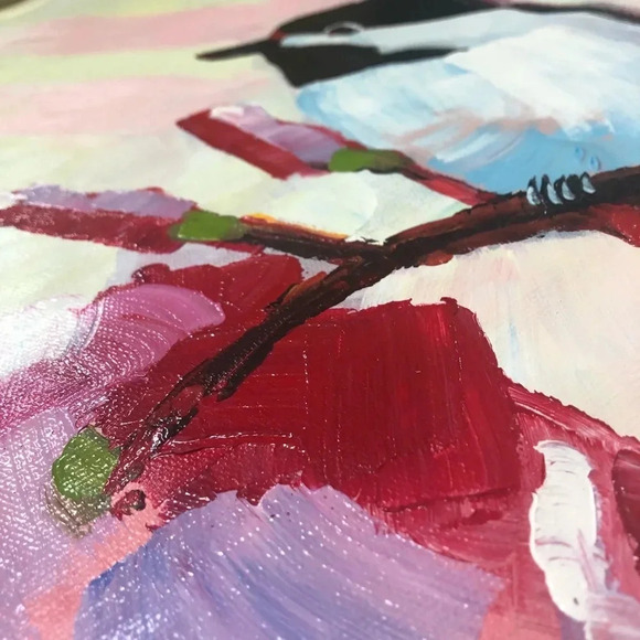 Bird in branch painting unstretched oil on canvas 20 x 20 in - Picture 3 of 8
